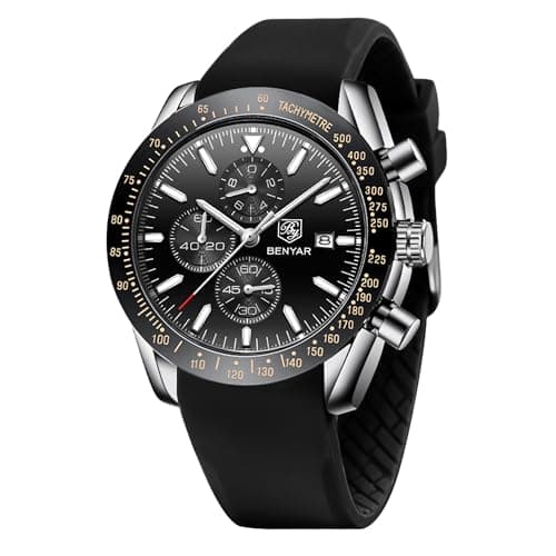 Image of BENYAR Men's Analog Quartz Watch Chronograph Waterproof 30M Luminous Date Casual Business Design Stylish Gift, Black, Silver, Black, Ribbon