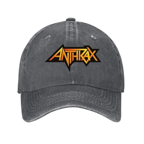 Image of Kciutud Anthrax Thrash Metal Band Logo Charcoal Washed Denim Baseball Cap Adjustable Vintage Distressed Dad Hat Men Women Retro Soft Size is: One Size