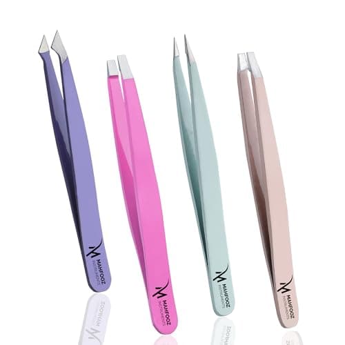 Image of Tweezers Set for Eyebrows 4 Pcs – Slant, Point, Flat & Angled Precision Hair Removal Tools for Men & Women, Eyebrows & Facial Hair, Stainless Steel, Multi-Colour by Mahfooz Instruments