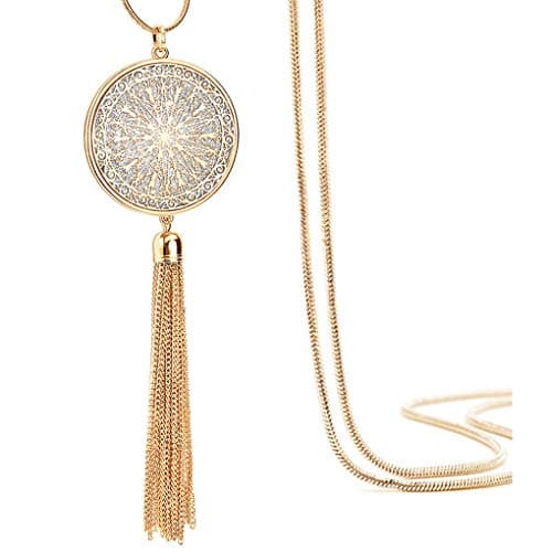 Image of Suyi Long Tassel Necklace Hollow-out Disk Circle Sweater Chain Y Pendant Necklace for Women Round-Gold