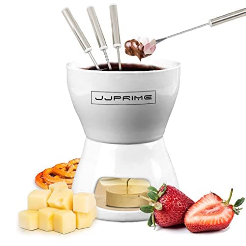 Image of JJ PRIME - Chocolate Cheese Fondue Pot Set, Ceramic Cheese Melting Pot With 4 Stainless Steel Forks - Suitable for Home, Restaurant and Café – Dishwasher Safe