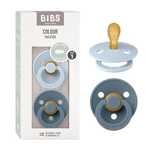 Image of BIBS Colour Symmetrical Soother 2-Pack, BPA Free Dummy Pacifier, Symmetrical Nipple. Natural Rubber Latex, Made in Denmark. 0-6 Months (Pack of 2), Baby Blue/Petrol