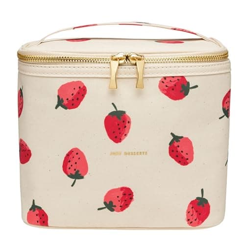 Image of Kate Spade New York Beige Lunch Bag, Small Insulated Lunch Tote, Thermal Bag with Double Zipper and Carrying Handle, Strawberries