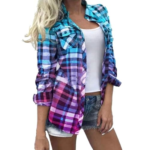 Image of Womens Plaid Shirt Casual Long Sleeve Checked Shirts Gradient Button Down Flannel Shirt Ladies Cowboy Boyfriend Shacket Jackets Basic Blouse Tops Cardigans Blue XXL