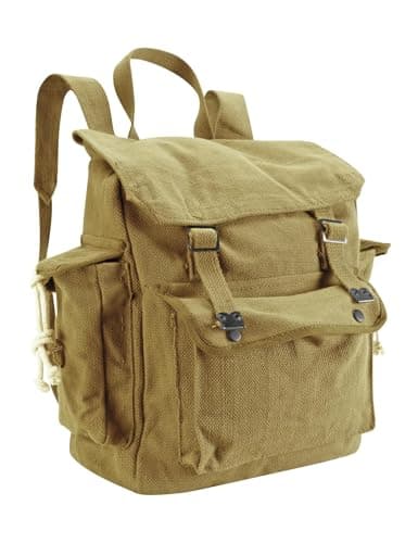 Image of Vintage Canvas Backpack Webbing Rucksack 100% Cotton Army Style Satchel with Side Pockets - Work Travel School Bag - Khaki Beige