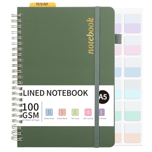 Image of Thboxes A5 Notebook, 160 Pages A5 Lined Wirebound Spiral Notepad, 100GSM College Ruled Notebook with 24 Labels for Women Men Office School,15 X 21.5 cm, Green