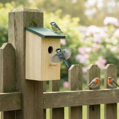Image of Almineez Bird House Wooden Wild Small Wood Nesting Box Nesting Handy Home Garden Pressure Treated for Wild Birds Sparrows Blue Tits Robin with Traditional Hinged Roof