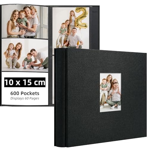 Image of Remowith Photo Albums 6x4, Holds 600 Pockets 10x15cm Landscape and Portrait Photos, Large Capacity Photo Book, Fabric Album Cover for Family, Wedding, Travel & Baby Memory Archives, Black