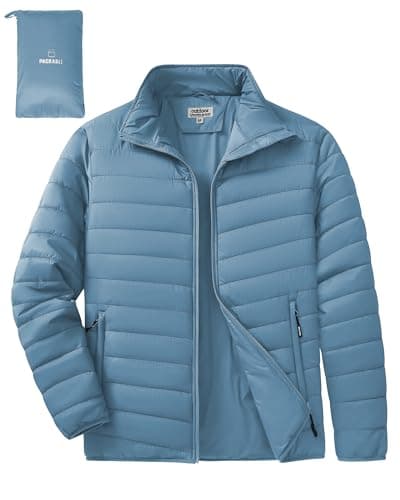 Image of Outdoor Ventures Men's Packable Puffer Jacket Insulated Lightweight Puffy Coat Warm Portable Padded Water Resistant Jacket for Hiking Travelling Camping Grey Blue S