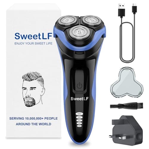 Image of SweetLF Electric Razor for Men, 120 Min Shaving, Fast UK Adapter (1H Charging),100% Waterproof, Wet & Dry Rotary Shavers for Men with Pop-up Trimmer, LED Display, Blue Black