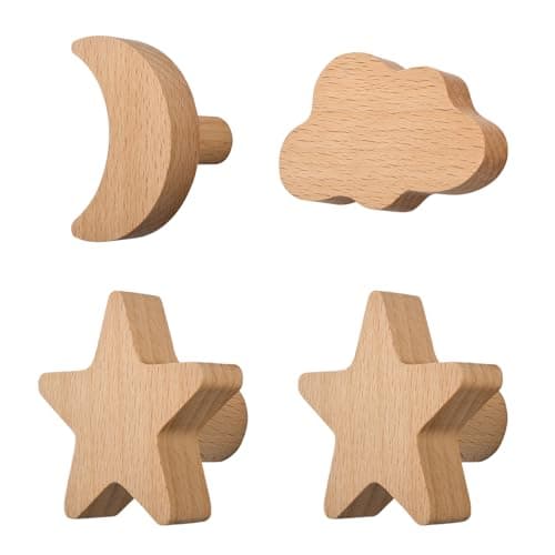 Image of MOROBOR 4PCS Cloud Moon Star Shaped Wooden Hooks, Decorative Nursery Hook Single Hole Beech Wood Handles Self Stick Wood Cupboard Cabinet Handle for Bedroom Living Room Children's Room