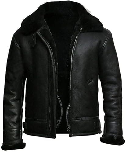 Image of Mens Raf Aviator Leather Jacket B3 Flying Bomber Fashion WW2 Pilot Winter Sheepskin Leather Jacket (as8, alpha, x_l, regular, regular, Black Sheep With Black Fur)