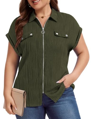 Image of Flikity Plus Size Tops for Women UK Business Casual Dressy Work Blouses V Neck Collared Polo Shirts with Zipper Summer Outfits for Women Army Green 3X