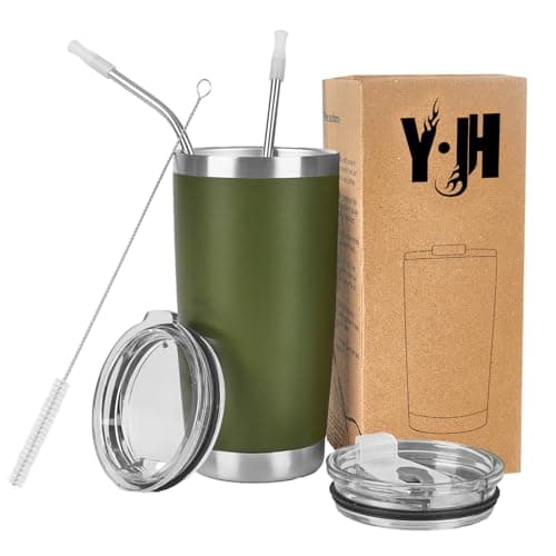 Image of Y·J&H 20oz (550ml) Travel Tumbler Double Wall Vacuum Insulated Coffee Mug Stainless Steel Coffee Cup with 2 Splash Proof Lid, 2 Straws & Free Cleaning Brush, BPA Free - Army Green