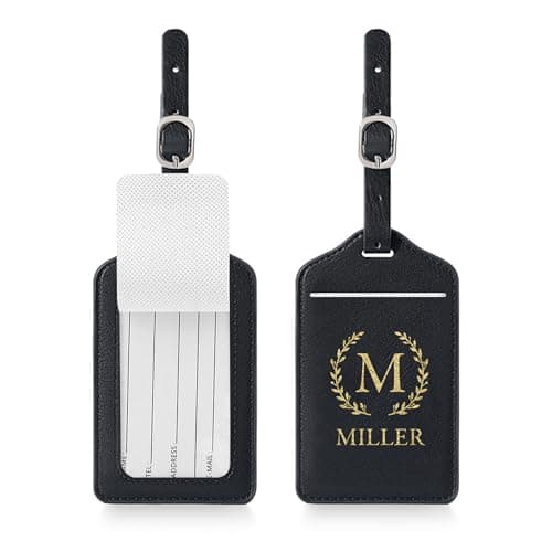 Image of Personalised Luggage Tags Custom Luggage Tags for Suitcases Engraved Leather Suitcase Tags Luggage Tag Personalised Luggage Labels Baggage Tags for Suitcases Backpacks Travel (Black-1)