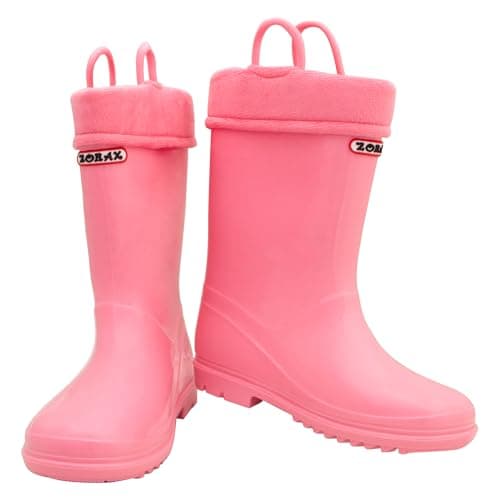 Image of Zorax - UK 2 Adult - EU33 - Pink Girls Boys Waterproof Kids Handle Rain Boots with Removable Warm Lining Child Shoes Wellies Unisex Toddler Wellington Boots