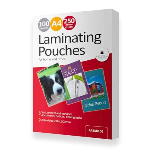Image of 100 x A4 250 Micron Laminating Pouches with Crystal Clear Gloss Finish - Laminator Pouch Set for Home, Office, Business - Protect Important Documents, Posters, Images, Projects