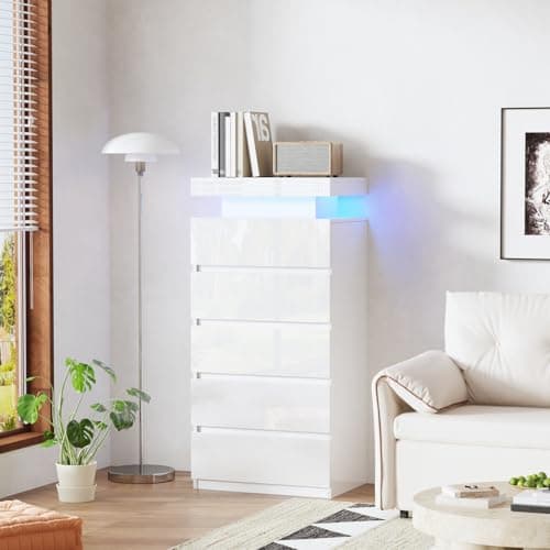 Image of BSTSEL White High Gloss Chest of Drawers, 5 Drawers Chest, Large Storage Space for Living Room and Bedroom Bedside Table Cabinet with 16 Colours RGB Lights (5 Drawers Cabinet High Gloss)