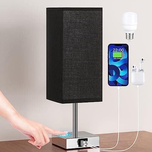 Image of Aooshine Bedside Lamp, Touch Control Table Lamp with USB A+C Charging Ports, Touch Lamps Bedside with 3 Way Dimmable, Table Lamps for Bedroom Living Room with Black Fabric Shade (LED Bulb Included)