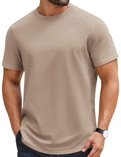 Image of COOFANDY Men's T Shirt 100% Cotton Heavyweight Short Sleeve Crew Neck Tee Basic Plain Tops Regular Fit Khaki 3XL