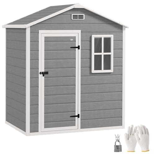 Image of Outsunny 6 x 4ft Plastic Shed with Floor, Wood Effect Resin Garden Shed with Window, Lockable Door, Lock and Keys, Vents, All Weather Resistant for Outdoor, Patio, Lawn, Grey