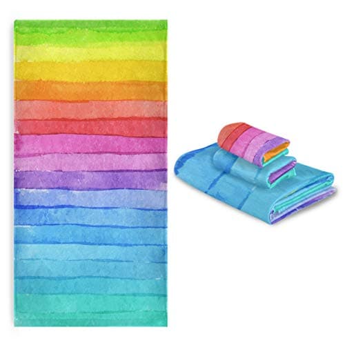 Image of Blueangle Rainbow Striped Towel Set of 3,Soft Towels Bathroom Sets, 1 Bath Towel 30x60 inch, 1 Hand Towel 16x28 inch & 1 Washcloth 13x13 inch