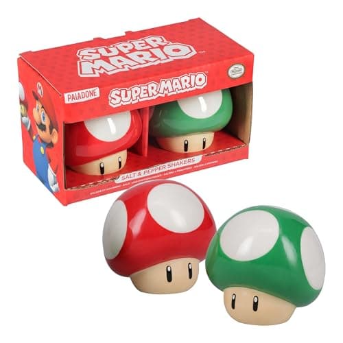 Image of Super Mario Brothers Mushroom Salt and Pepper Shakers Officially Licensed Nintendo Red & Green 1-Up Ceramic Set for Kitchen & Home Decor, Housewarming Gift for Movie and Gaming Fans - Paladone