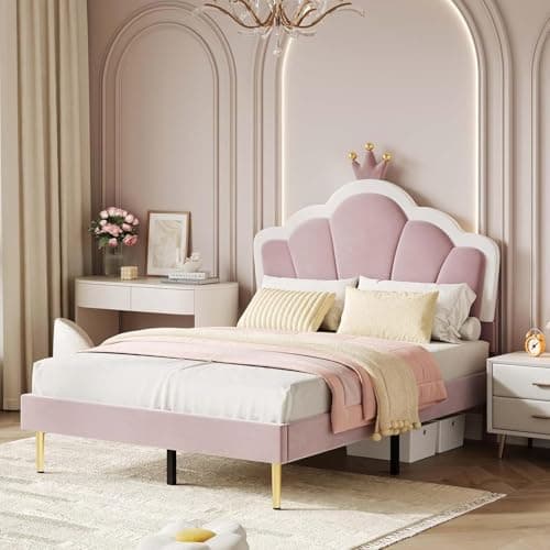 Image of Aptliton Double Bed Frame, Soft Velvet Upholstered Bed, 4ft6 Shell Shape Bed with Removable Crown, Adjustable Headboard, Golden Iron Legs, Wooden Slatted Frame, Light Pink, 135 * 190cm