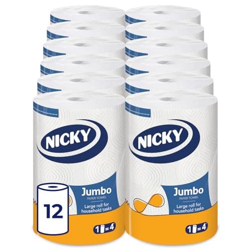 Image of Nicky Jumbo Kitchen Towel - 12 Pack of 2-Ply Kitchen Roll, 200 Sheets, Equivalent to 4 Standard Rolls, Long-Lasting and Absorbent Paper Towels for All Domestic Tasks, FSC Certified Paper