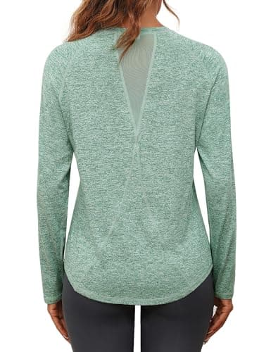 Image of Gyabnw Long Sleeve Workout Tops for Women UK Gym Wear Yoga Tshirt Running Activewear Pilates Hiking Exercise Green