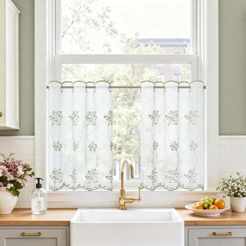 Image of TOPICK Botanical Embroidery Kitchen Curtains with Green Floral 24 Inch Drop, Light Filtering Privacy Cafe Curtains, Eyelet Short Curtain 2 Panels for Cupboard Base, Sink, Basement, Bistro, W26 x L24