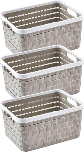 Image of Plastic Storage Basket,3 Pcs Weave Storage Baskets Plastic Rattan storage basket Set with Handles plastic Weave Basket Desktop Storage Box for Bathroom,Kitchen,Cabinet
