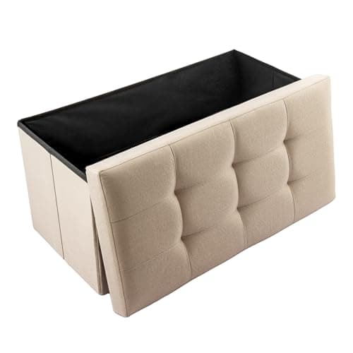 Image of CROWNSHOP Ottoman Storage Bench Footrest Stool Seat Toy Chest Storage Box Folding with Lid Long Shoes Bench Footstool Suitable for Living Room Grey 76 * 38 * 38 CM (Beige)