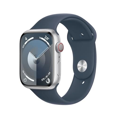 Image of Apple Watch Series 9 [GPS + Cellular 45mm] Smartwatch with Silver Aluminum Case with Storm Blue Sport Band S/M. Fitness Tracker, Blood Oxygen & ECG Apps, Always-On Retina Display, Water Resistant