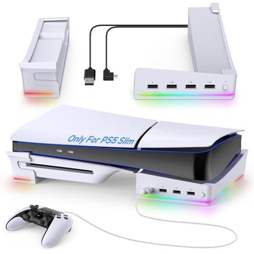 Image of MENEEA Horizontal Stand for PS5 Slim/PS5 Pro Console with 4-USB Port Hub & 14 RGB Light Modes, Side Stand with Charging & Data Port, Base Holder Accessories for Playstation 5 Slim/Playstation 5 Pro