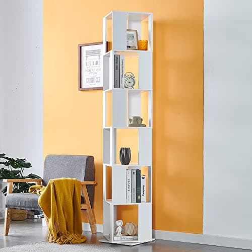 Image of Redd Royal 6-Tier Tall Bookcase White, 360° Rotating Bookshelf Wood for Living Room Bedroom, Floor Standing Storage Rack Open Design Spining Swivel Corner Shelf Home Office Decor