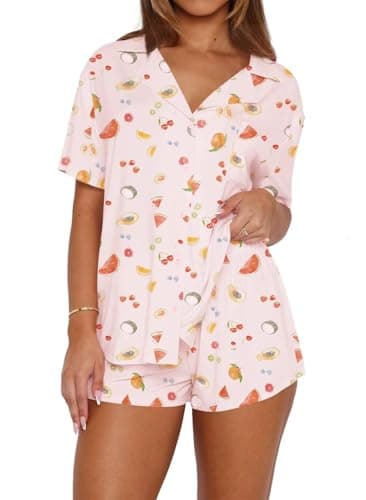 Image of LACOZY Women Summer Short Sleeve Two Piece Cherry Print Pajamas V Neck Button Down Matching Pjs Cute Pj Lounge Set Pink L