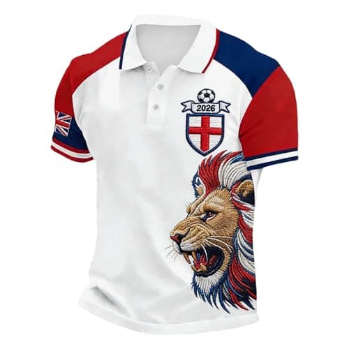 Image of England Polo Shirts for Men, Men's England Football Shirt 2026 World Cup Shirts Jersey Men Clear Printed Poloshirt Polo Lightweight Tops Stretchy Mens Soccer Clothing Soft Classic White 3XL