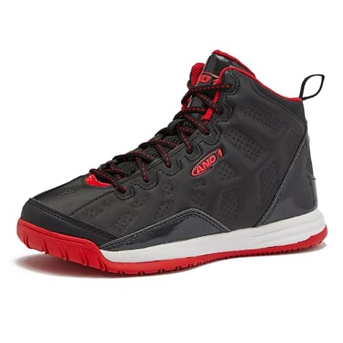 Image of AND1 Showout Girls & Boys Basketball Shoes Kids, Boys High Top Sneakers, Youth Size 1 to 7 Kids Basketball Shoes Boys, Black/Red/White, 2 Little Kid