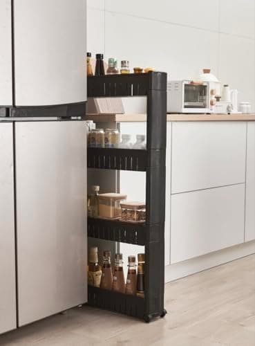 Image of HYGRAD Slim Kitchen Trolley With Wheels 3 Tier 4 Tier Kitchen Organiser Trolley Slide In Space Saving Bathroom Storage Cart With Caster Wheels White Or Grey (Black, 4 Tier - 101cm high)