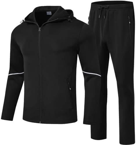 Image of Rdruko Mens Tracksuit Set Hooded Jacket Sweatsuits Jogging Tops Full Zip Joggers Sports Sweatsuit with Pockets Black L