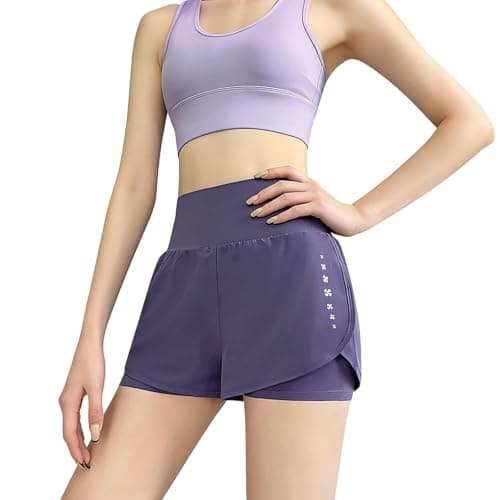 Image of GOZINA 2 in 1 Women Running Shorts Quick Dry Breathable Athletic Gym Workout Yoga Fitness Sports Shorts Lightweight Summer Active Training Shorts (UK, Alpha, S, Regular, Regular, Purple)