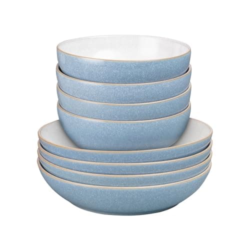 Image of Denby - Elements Pasta & Cereal Bowl 8 Piece Set - Blue Glaze, Dishwasher & Microwave Safe, Oven Proof Stoneware Dishes - 4 x Pasta & Cereal Bowls - Ceramic, Chip Resistant Tableware for Everyday Use