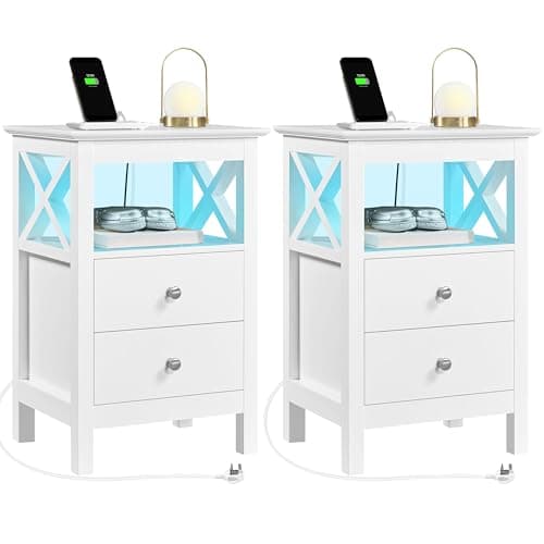 Image of Yaheetech Bedside Tables Set of 2 with Charging Station and LED Lights, Wooden Nightstand with 2 Storage Drawers, Bedside Cabinet with USB Ports & AC Outlets, for Bedroom, Living Room, White