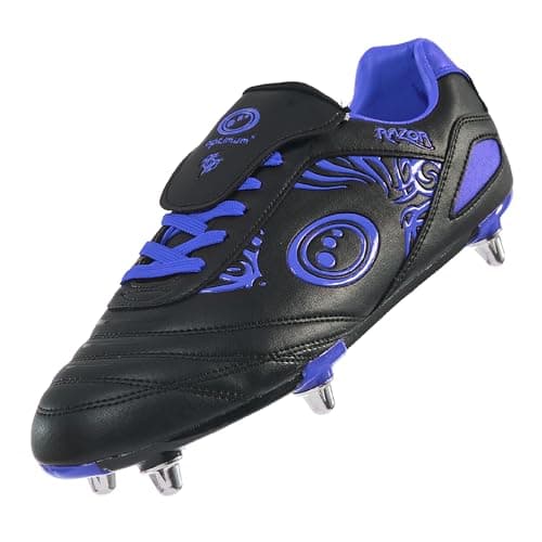 Image of Optimum Razor Kids Rugby Boots, Lightweight 8 Stud Design Crafted for Elite Traction & Power to Drive Through the Scrum, Performance Ready for Soft Ground (SG) Grass Pitches - Black/Blue, Size 1