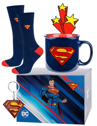 Image of DC Comics Batman Superman Mens Socks + Mug + Keychain Funny Gifts Men Cotton Sock Funky Gift 6.5-10.5 Superman