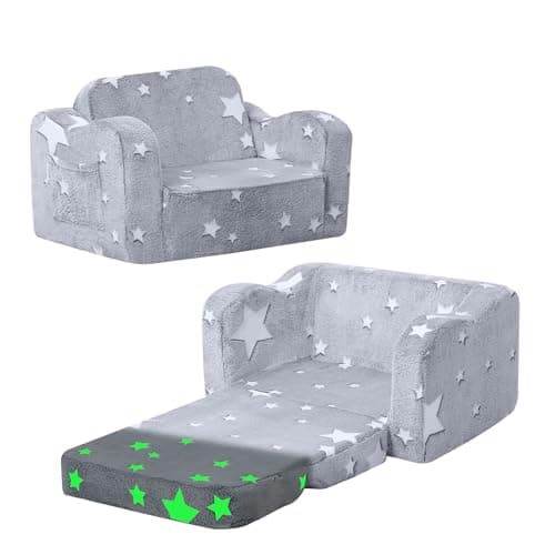 Image of MeMoreCool Kids Couch Sofa, Folding Toddler Chair Bed, Soft Plush Fold Out Kids Armchair Floor Mini Sofa Glow in The Dark, Comfy Baby Recliner for Girls Boys, Grey