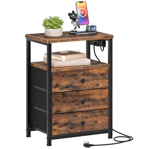 Image of HOOBRO Bedside Table with Charging Station, End Table with 3 Fabric Drawers, Sofa Side Table with USB Ports and Socket, Nightstand for Bedroom, Living Room, Rustic Brown and Black EBF403KBZ01