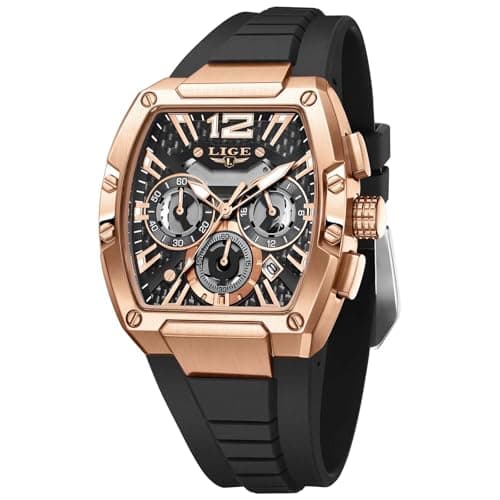 Image of LIGE Men's Watch Skeleton Tonneau Square Chronograph Stainless Steel Waterproof Luminous Date Analog Watches Silicone Strap Durable Fashion Casual Business Dress Wrist Watch