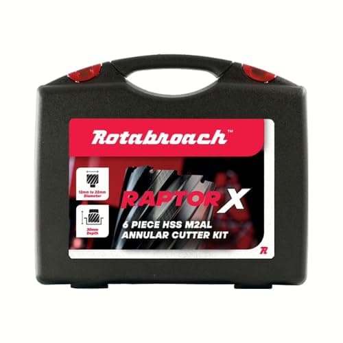 Image of Rotabroach Raptor X 6-Piece Annular Cutter Kit (12mm–20mm) – M2AL High-Speed Steel Mag Drill Bit Set, 30mm Depth of Cut, 3/4" Weldon Shank, Includes Pilot Pin & Heavy-Duty Carry Case – RAPX1220KIT